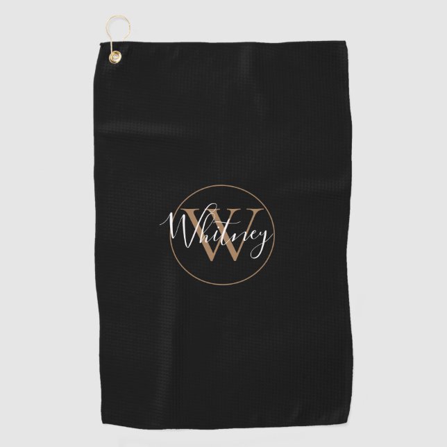 Elegant Monogram Script White Black and Gold   Golf Towel (Front)