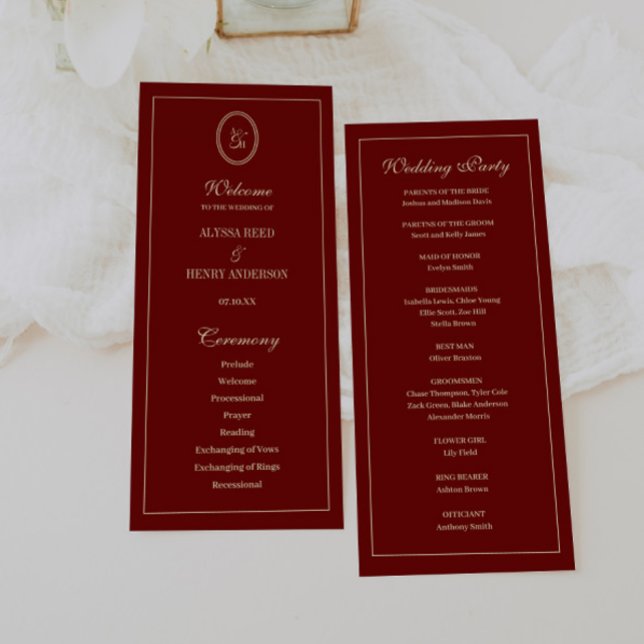Elegant Monogram Script Wine Red Wedding Ceremony Program (Creator Uploaded)