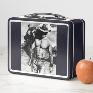 Elegant Monogram Shirtless Rugged Cowboy Black Metal Lunch Box