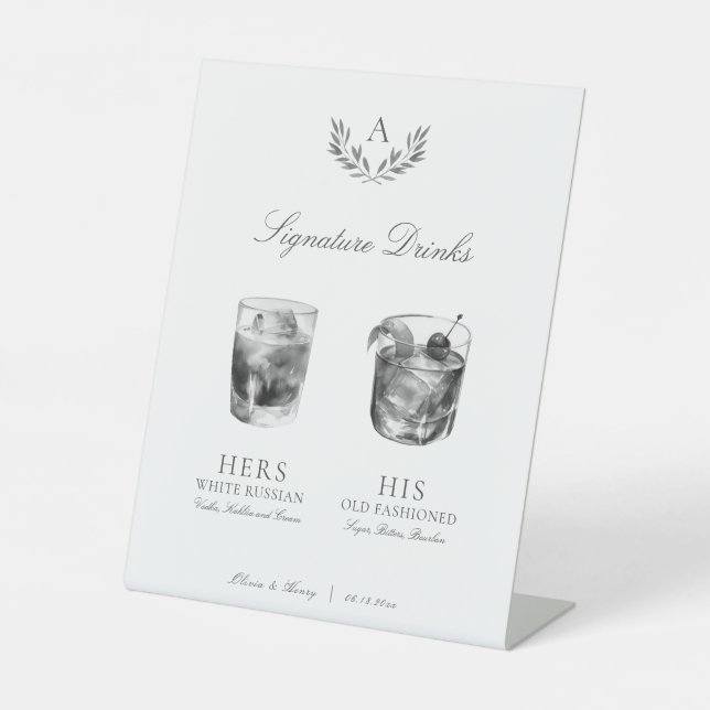 Elegant Monogram Signature Drinks Wedding Pedestal Sign (Front)