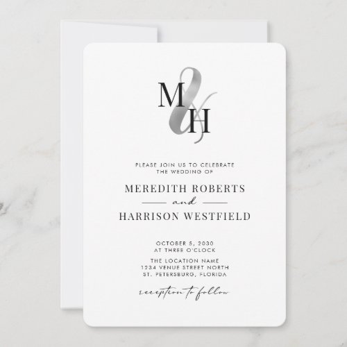 Elegant Monogram Silver Ampersand QR Code Wedding Invitation