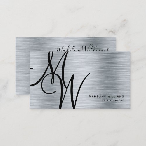 Elegant Monogram Silver Black Modern Script Name Business Card