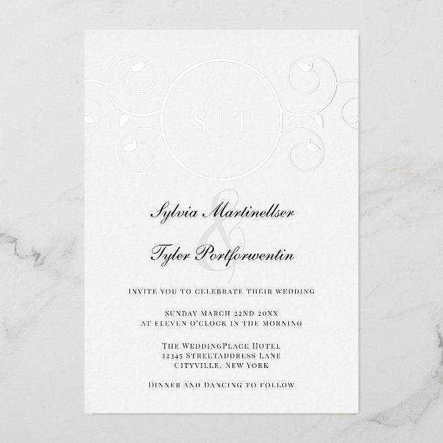 Elegant Monogram Silver Black Wedding Foil Invitation (Front)