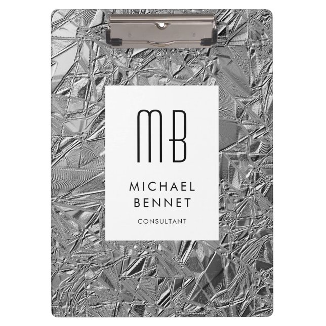 Elegant Monogram Silver Business Clipboard (Front)
