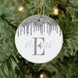 Elegant Monogram Silver Glitter Drip Ceramic Ornament