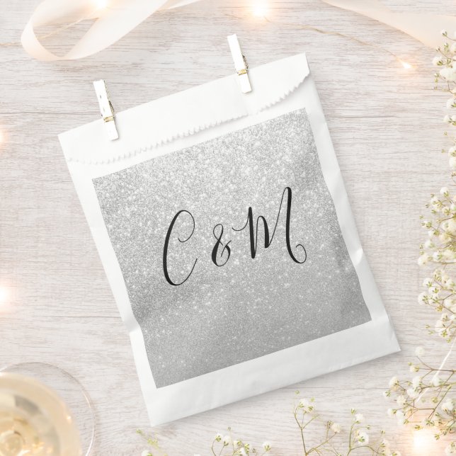Elegant Monogram Silver Glitter Wedding Favor Bag (Clipped)