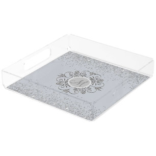 Elegant Monogram Silver Glittery Gem Acrylic Tray