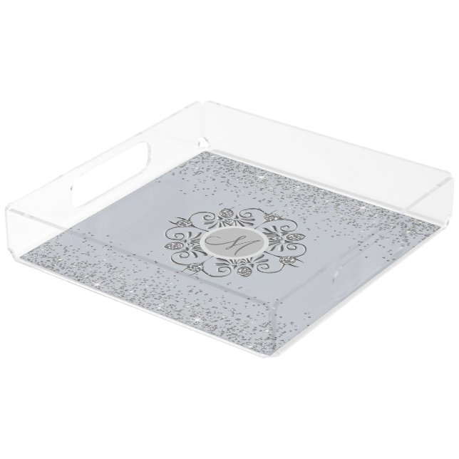 Elegant Monogram Silver Glittery Gem Acrylic Tray (Angled)