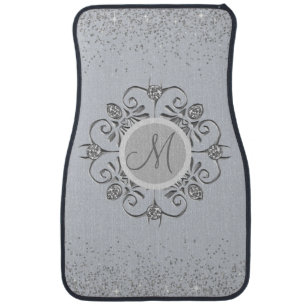 Elegant Monogram Silver Glittery Gem Car Floor Mat