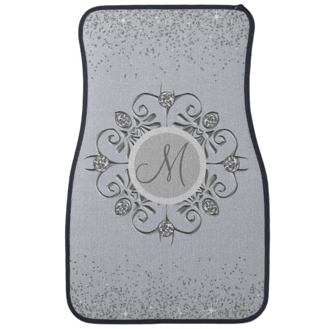 Elegant Monogram Silver Glittery Gem  Car Floor Mat (Front)