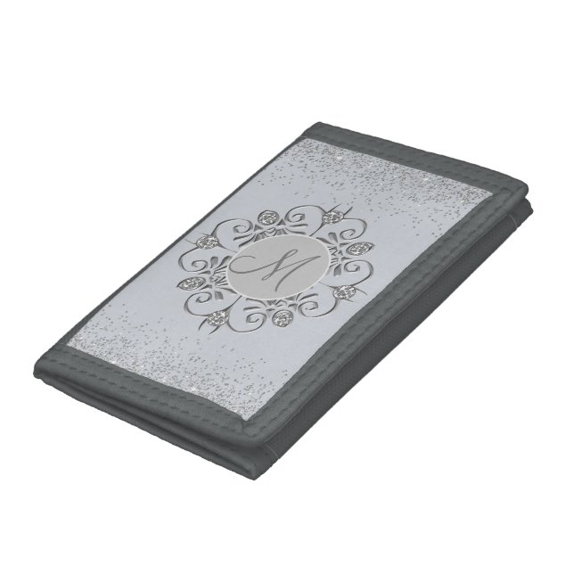Elegant Monogram Silver Glittery Gem   Trifold Wallet (Bottom)
