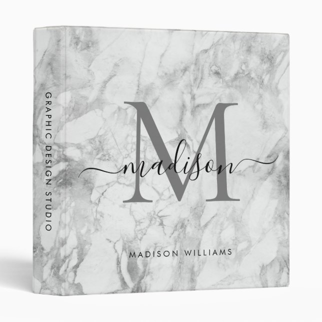 Elegant Monogram Silver Gray Marble Girly Script 3 Ring Binder (Front/Spine)