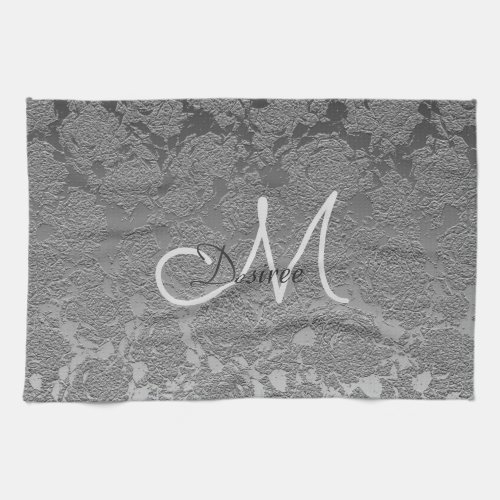 Elegant Monogram Silver Grey Floral Modern Classy Kitchen Towel