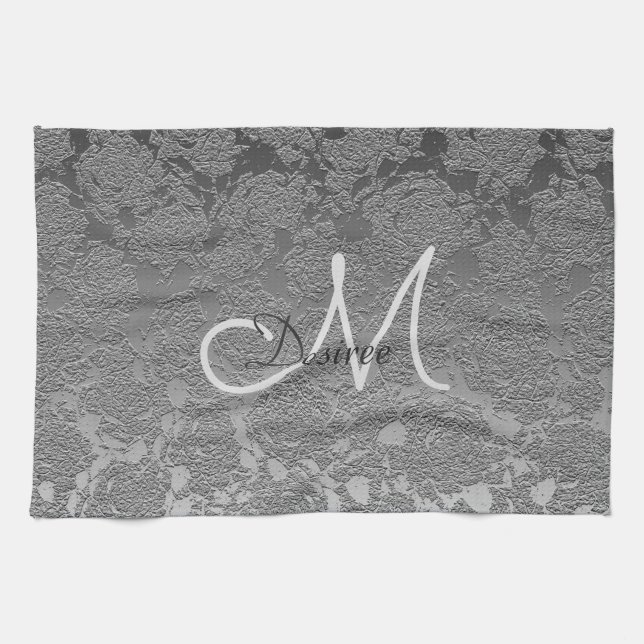 Elegant Monogram Silver Grey Floral Modern Classy Kitchen Towel (Horizontal)
