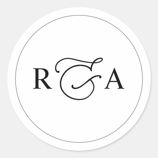 Elegant Monogram Simple Black and White Classic Round Sticker (Front)