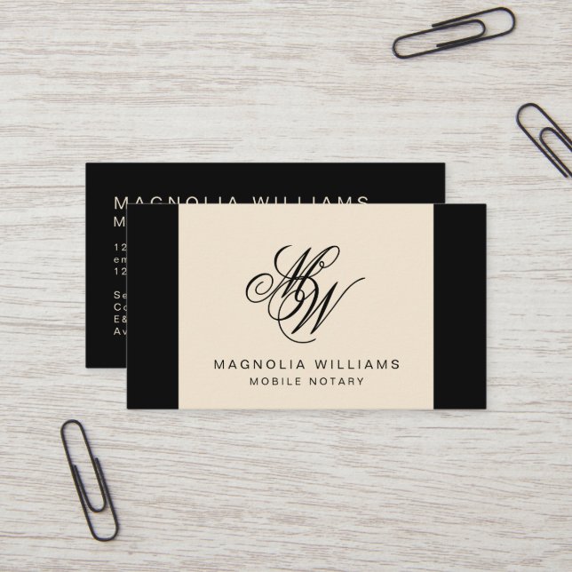 Elegant Monogram Simple Black Beige Mobile Notary Business Card (Front/Back In Situ)