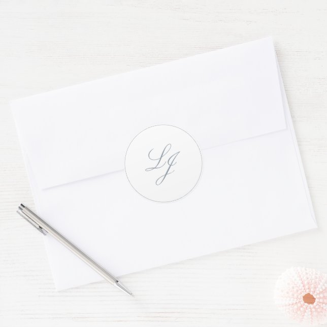 Elegant Monogram Simple Script Dusty Blue Wedding Classic Round Sticker (Envelope)