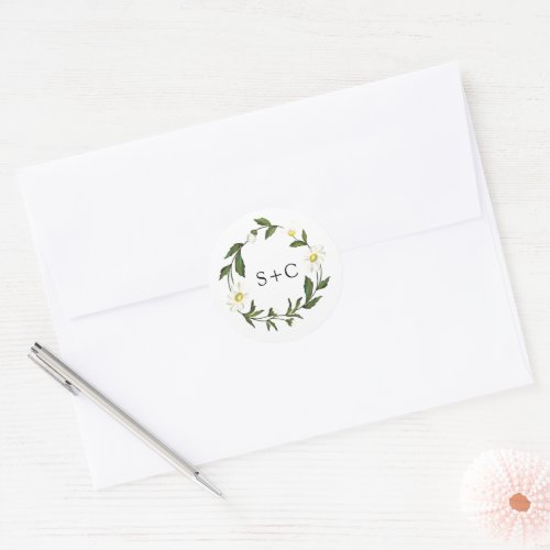 Elegant Monogram Simple White Daisy Floral Wedding Classic Round Sticker