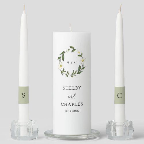 Elegant Monogram Simple White Daisy Floral Wedding Unity Candle Set