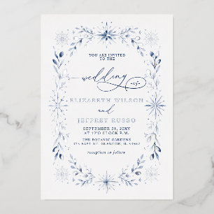 Elegant Monogram Snowflakes Blue Winter Wedding Foil Invitation