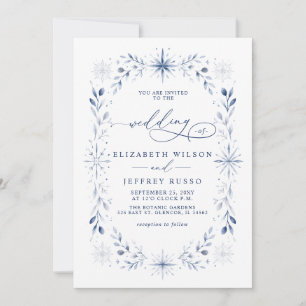 Elegant Monogram Snowflakes Blue Winter Wedding Invitation
