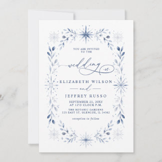 Elegant Monogram Snowflakes Blue Winter Wedding Invitation