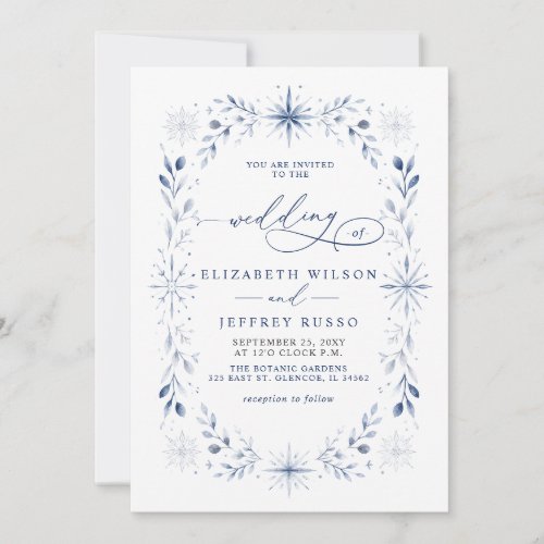 Elegant Monogram Snowflakes Blue Winter Wedding Invitation