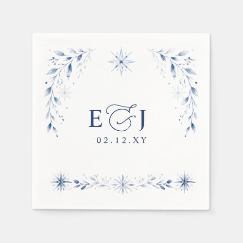 Elegant Monogram Snowflakes Blue Winter Wedding Napkins