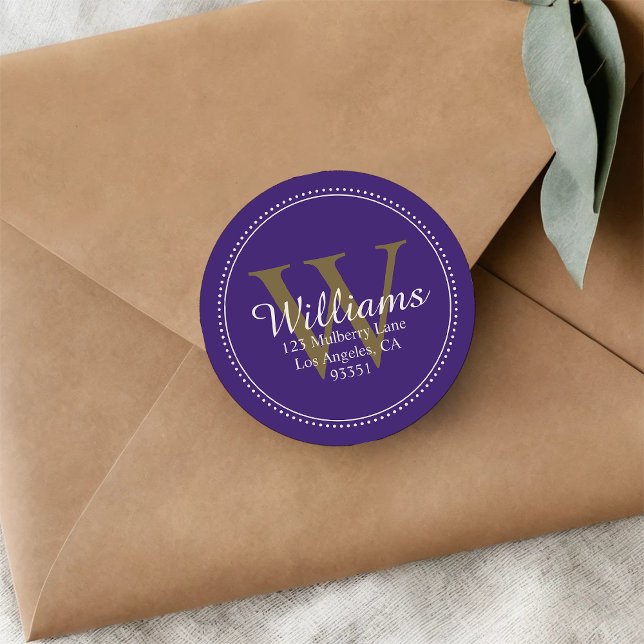 Elegant Monogram Solid Purple Return Address Classic Round Sticker (Creator Uploaded)