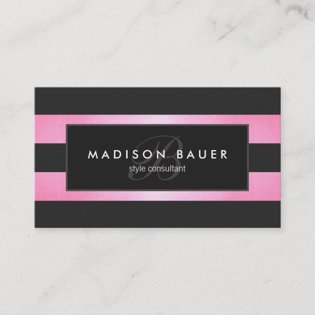 Elegant Monogram Striped Black and Pink Salon Business Card (Front)