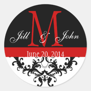 Elegant Monogram & Swirls Red Black Wedding Classic Round Sticker