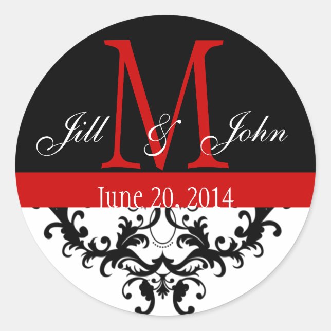 Elegant Monogram & Swirls Red Black Wedding Classic Round Sticker (Front)