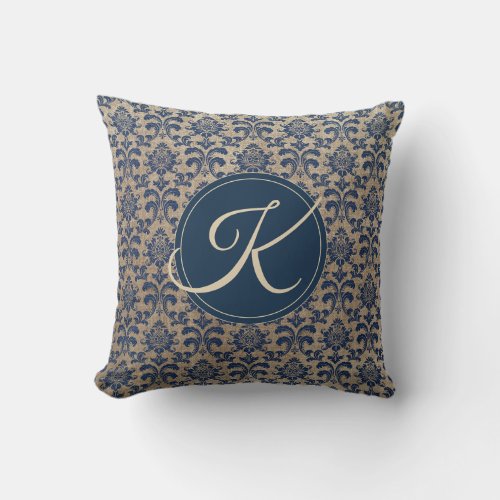Elegant Monogram Tan and Blue Damask Throw Pillow
