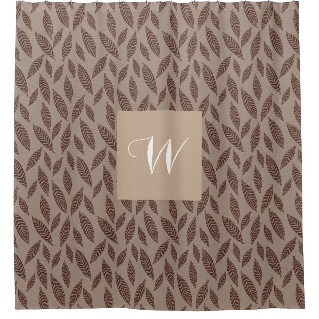Elegant Monogram Tan & Cream Block Print Leaves  Shower Curtain (Front)