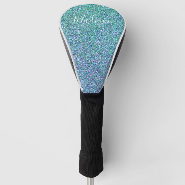 Elegant Monogram Teal Blue Glitter Sparkle Name Golf Head Cover (Front)