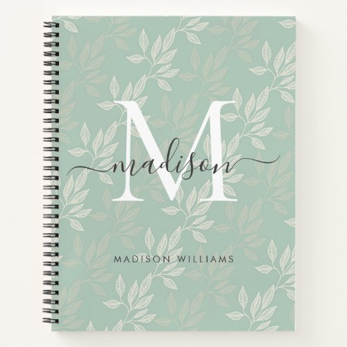 Elegant Monogram Teal Botanical Leaves Girly Notebook