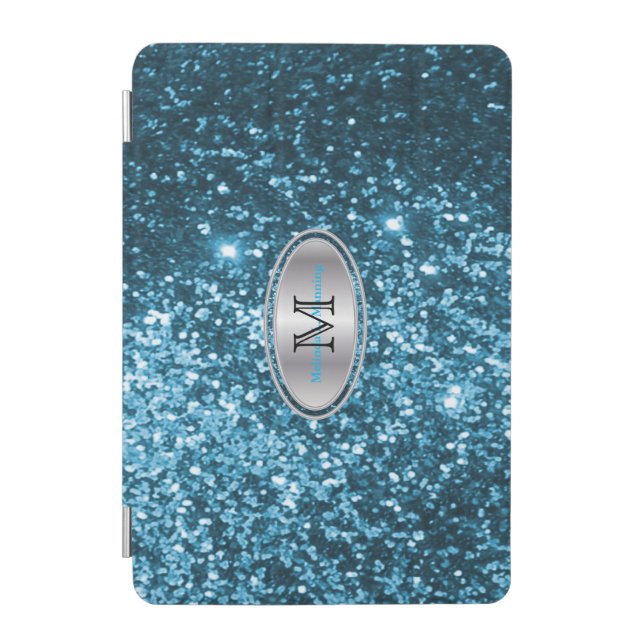 Elegant Monogram Teal Glitter and Silver iPad Mini Cover (Front)