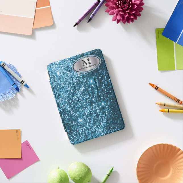 Elegant Monogram Teal Glitter and Silver iPad Mini Cover (In Situ)