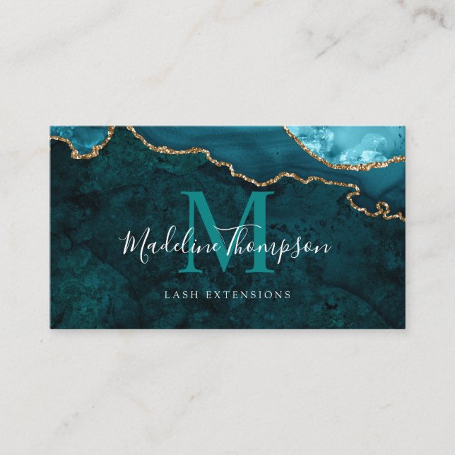 Elegant Monogram Teal Green Marble Agate Geode Business Card (Front)
