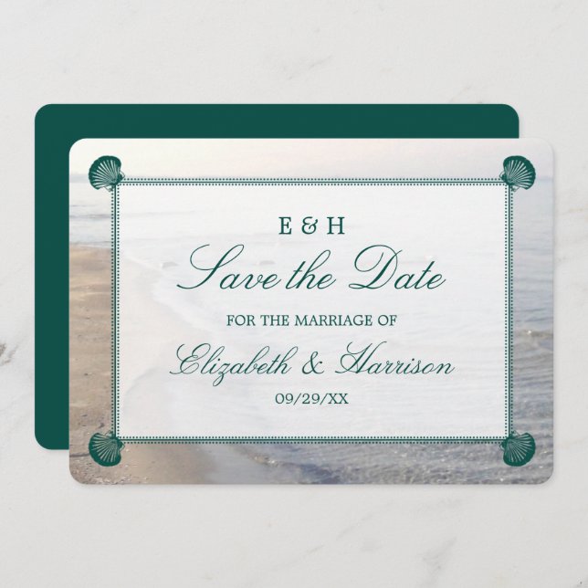 Elegant Monogram, Teal Scallop Beach Save The Date (Front/Back)
