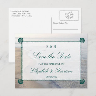 Elegant Monogram, Teal Scallop Beach Save The Date Announcement Postcard