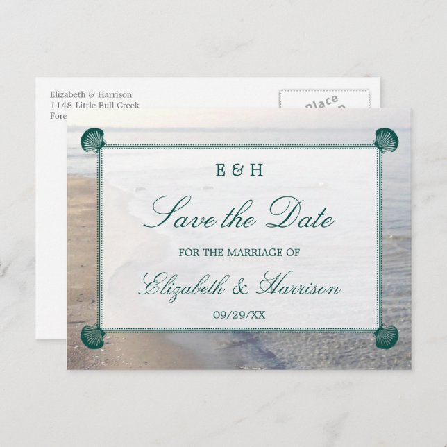 Elegant Monogram, Teal Scallop Beach Save The Date Announcement Postcard (Front/Back)