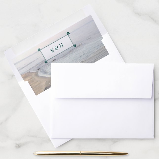 Elegant Monogram & Teal Scallop Beach Wedding Envelope Liner (Desk)