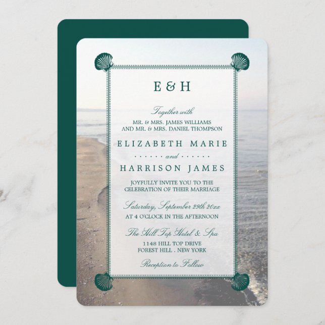 Elegant Monogram & Teal Scallop Beach Wedding Invitation (Front/Back)
