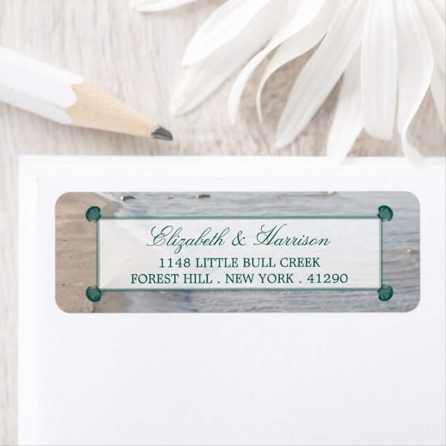 Elegant Monogram & Teal Scallop Beach Wedding Label (Insitu)