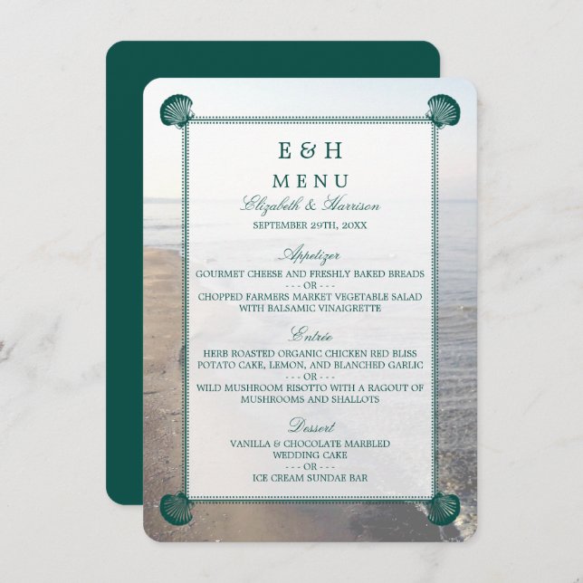 Elegant Monogram & Teal Scallop Beach Wedding Menu (Front/Back)