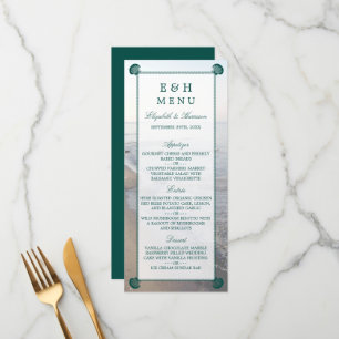 Elegant Monogram & Teal Scallop Beach Wedding Menu