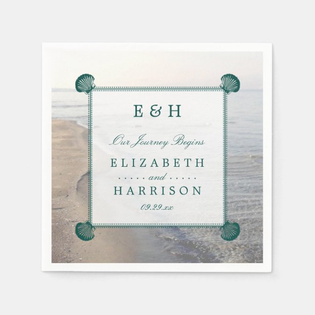 Elegant Monogram & Teal Scallop Beach Wedding Napkins (Front)
