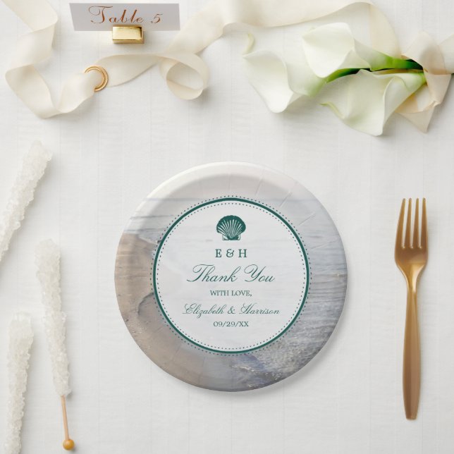 Elegant Monogram & Teal Scallop Beach Wedding Paper Plates (Wedding)