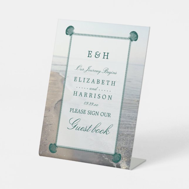 Elegant Monogram & Teal Scallop Beach Wedding Pedestal Sign (Front)